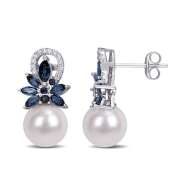 9.0-9.5mm Freshwater Cultured Pearl, Blue Sapphire and 0.13 CT. T.W. Diamond Flower Drop Earrings in 14K White Gold