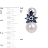 9.0-9.5mm Freshwater Cultured Pearl, Blue Sapphire and 0.13 CT. T.W. Diamond Flower Drop Earrings in 14K White Gold