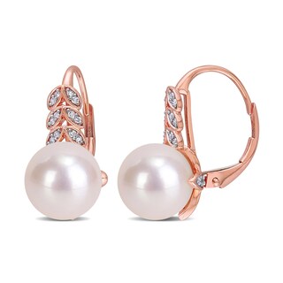 9.0-9.5mm Freshwater Cultured Pearl and 0.15 CT. T.W. Diamond Laurel Drop Earrings in 10K Rose Gold