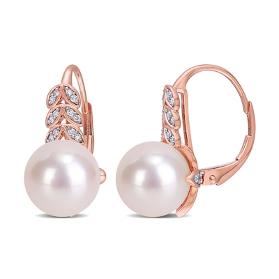 9.0-9.5mm Freshwater Cultured Pearl and 0.15 CT. T.W. Diamond Laurel Drop Earrings in 10K Rose Gold