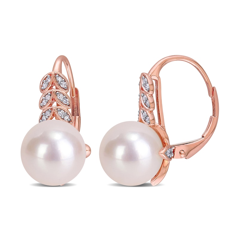 9.0-9.5mm Freshwater Cultured Pearl and 0.15 CT. T.W. Diamond Laurel Drop Earrings in 10K Rose Gold|Peoples Jewellers