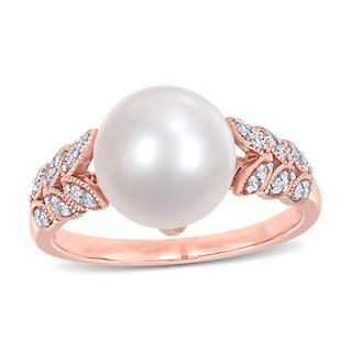 9.5-10.0mm Freshwater Cultured Pearl and 0.15 CT. T.W. Diamond Laurel Shank Ring in 10K Rose Gold