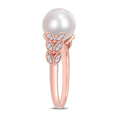 9.5-10.0mm Freshwater Cultured Pearl and 0.15 CT. T.W. Diamond Laurel Shank Ring in 10K Rose Gold