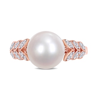 9.5-10.0mm Freshwater Cultured Pearl and 0.15 CT. T.W. Diamond Laurel Shank Ring in 10K Rose Gold