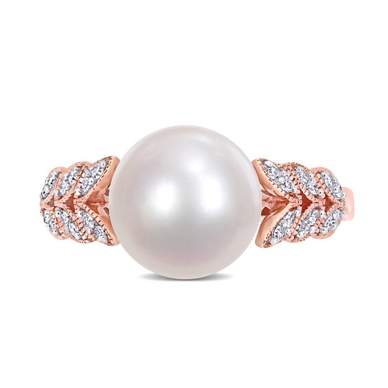 9.5-10.0mm Freshwater Cultured Pearl and 0.15 CT. T.W. Diamond Laurel Shank Ring in 10K Rose Gold