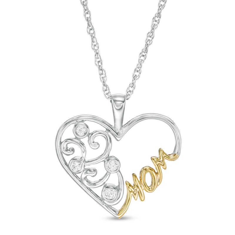 0.04 CT. T.W. Diamond Filigree Heart "MOM" Pendant in Sterling Silver and 10K Gold