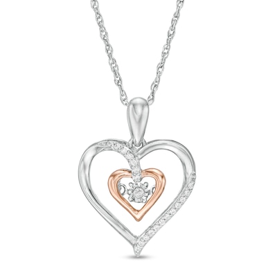 Unstoppable Love™ 0.065 CT. T.W. Diamond Double Heart Pendant in Sterling Silver and 10K Rose Gold