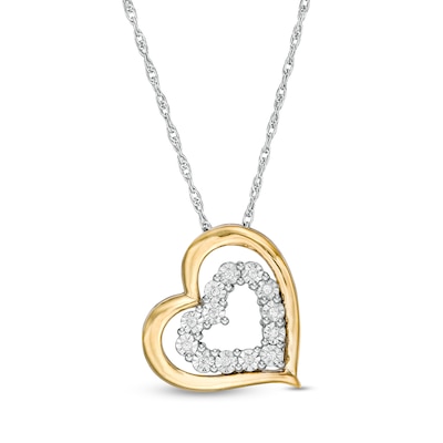 Diamond Accent Tilted Double Heart Pendant in Sterling Silver and 10K Gold