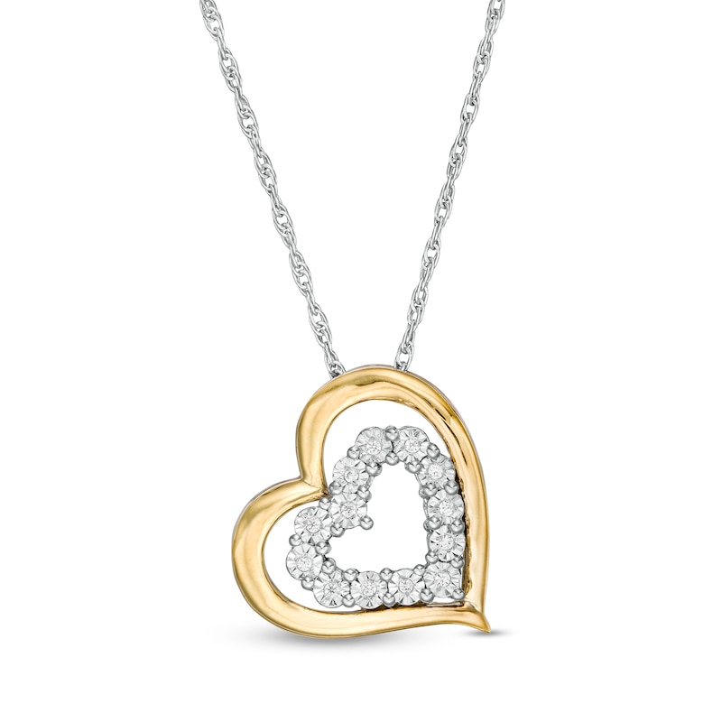 Diamond Accent Tilted Double Heart Pendant in Sterling Silver and 10K Gold|Peoples Jewellers
