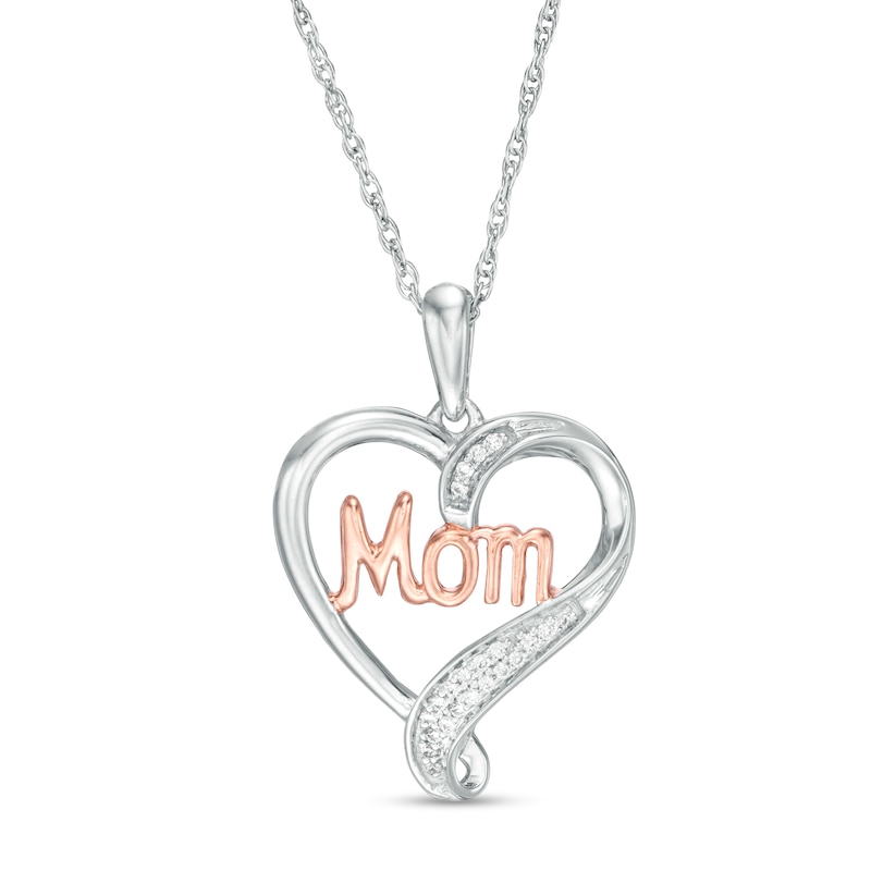 0.04 CT. T.W. Diamond and Cursive "Mom" Loop Heart Pendant in Sterling Silver and 10K Rose Gold