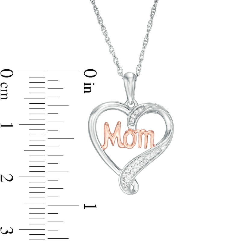 0.04 CT. T.W. Diamond and Cursive "Mom" Loop Heart Pendant in Sterling Silver and 10K Rose Gold