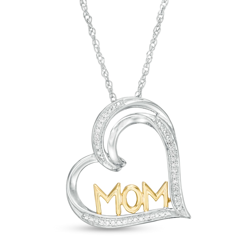 0.04 CT. T.W. Diamond Tilted Heart "MOM" Pendant in Sterling Silver and 10K Gold