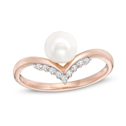 6.0mm Freshwater Cultured Pearl and 0.04 CT. T.W. Diamond Chevron Ring in 10K Rose Gold