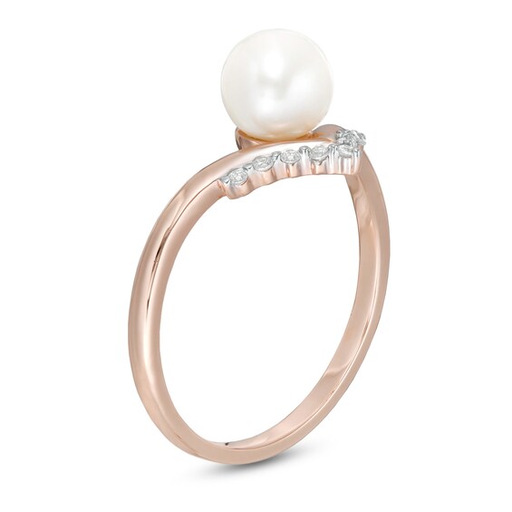 6.0mm Freshwater Cultured Pearl and 0.04 CT. T.W. Diamond Chevron Ring in 10K Rose Gold