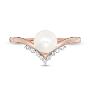 6.0mm Freshwater Cultured Pearl and 0.04 CT. T.W. Diamond Chevron Ring in 10K Rose Gold