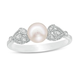 6.0mm Freshwater Cultured Pearl and Diamond Accent Vintage-Style Teardrop Petals Ring in Sterling Silver