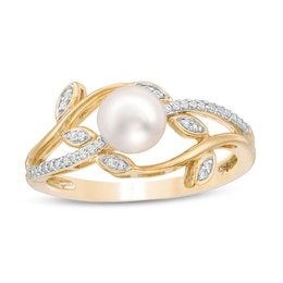 6.0mm Freshwater Cultured Pearl and 0.04 CT. T.W. Diamond Vines Ring in 10K Gold