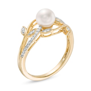 6.0mm Freshwater Cultured Pearl and 0.04 CT. T.W. Diamond Vines Ring in 10K Gold