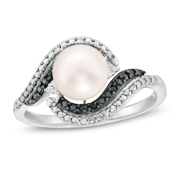 7.0mm Freshwater Cultured Pearl and 0.04 CT. T.W. Enhanced Black and White Diamond Swirl Bypass Ring in Sterling Silver