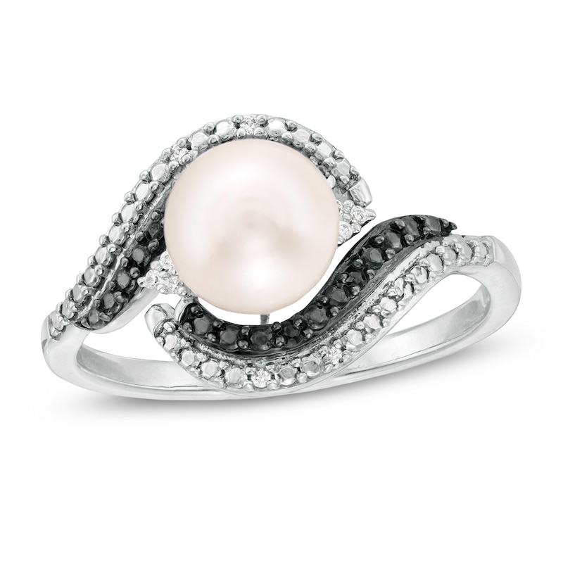 7.0mm Freshwater Cultured Pearl and 0.04 CT. T.W. Enhanced Black and White Diamond Swirl Bypass Ring in Sterling Silver|Peoples Jewellers