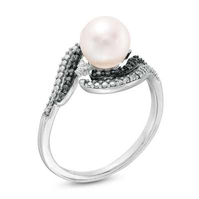 7.0mm Freshwater Cultured Pearl and 0.04 CT. T.W. Enhanced Black and White Diamond Swirl Bypass Ring in Sterling Silver