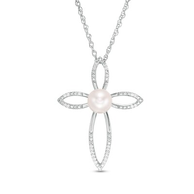 6.0mm Freshwater Cultured Pearl and 0.04 CT. T.W. Diamond Cross Pendant in Sterling Silver