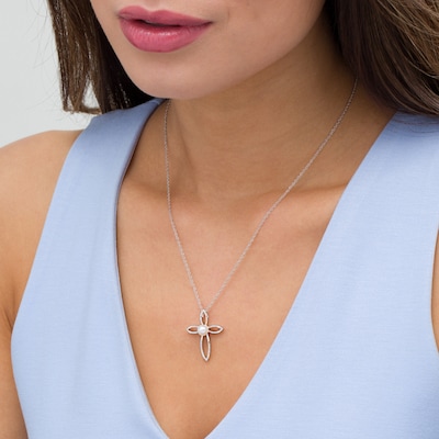 6.0mm Freshwater Cultured Pearl and 0.04 CT. T.W. Diamond Cross Pendant in Sterling Silver