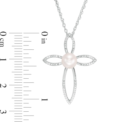 6.0mm Freshwater Cultured Pearl and 0.04 CT. T.W. Diamond Cross Pendant in Sterling Silver