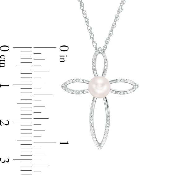 6.0mm Freshwater Cultured Pearl and 0.04 CT. T.W. Diamond Cross Pendant in Sterling Silver