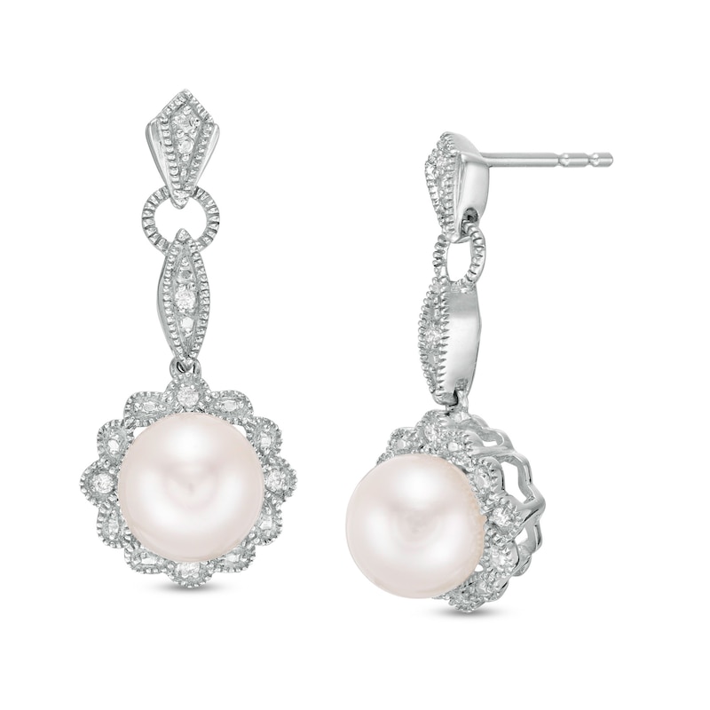 7.0mm Freshwater Cultured Pearl and 0.04 CT. T.W. Diamond Vintage-Style Drop Earrings in Sterling Silver|Peoples Jewellers