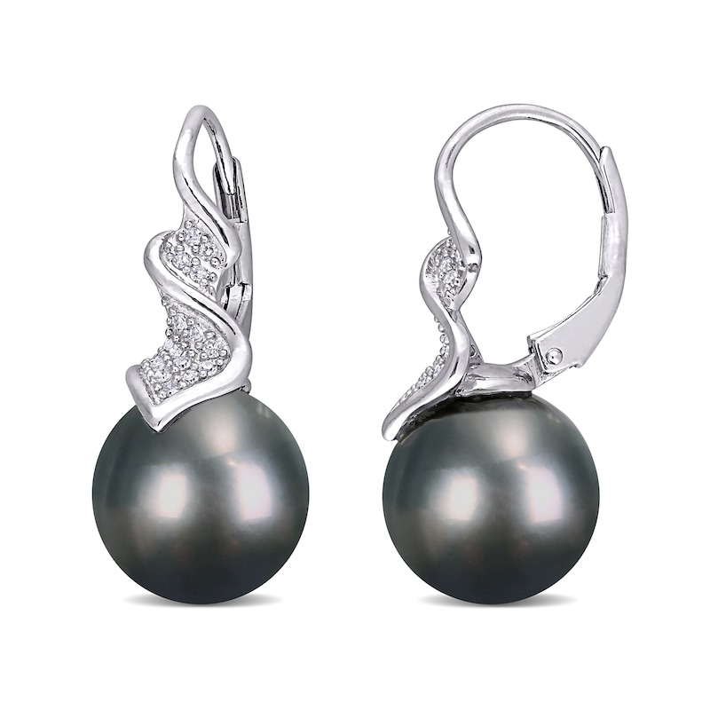 9.0-9.5mm Baroque Black Tahitian Cultured Pearl and 0.16 CT. T.W. Diamond Swirl Drop Earrings in Sterling Silver