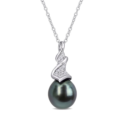 9.0-9.5mm Baroque Black Tahitian Cultured Pearl and 0.085 CT. T.W. Diamond Swirl Pendant in Sterling Silver