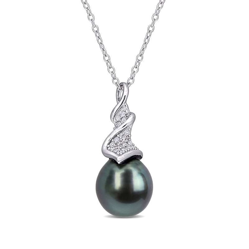 9.0-9.5mm Baroque Black Tahitian Cultured Pearl and 0.085 CT. T.W. Diamond Swirl Pendant in Sterling Silver|Peoples Jewellers