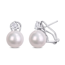11.0-12.0mm Freshwater Cultured Pearl and 5.0mm White Topaz Stud Earrings in Sterling Silver