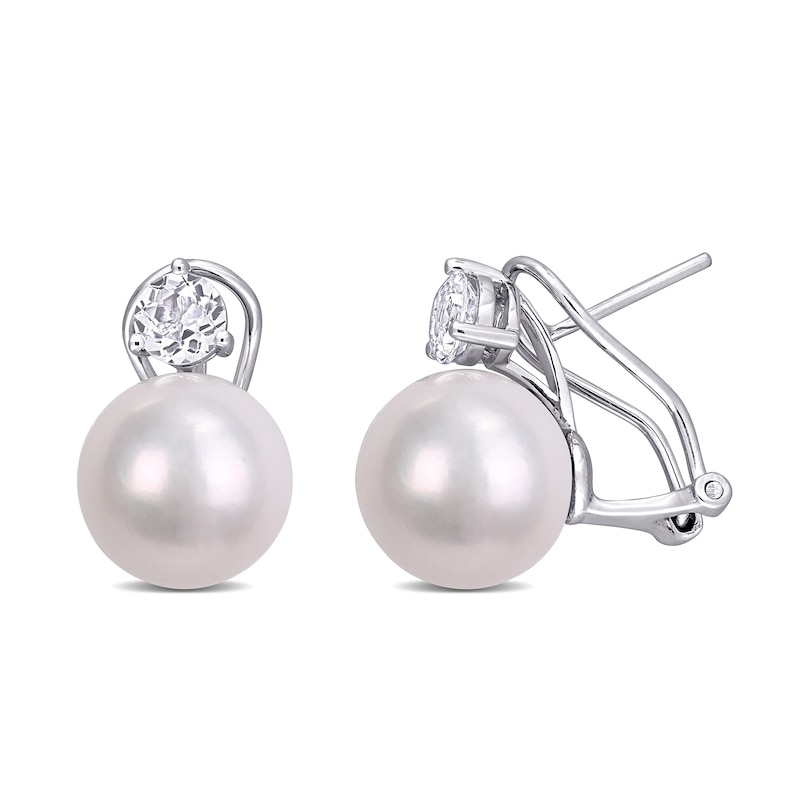 11.0-12.0mm Freshwater Cultured Pearl and 5.0mm White Topaz Stud Earrings in Sterling Silver|Peoples Jewellers