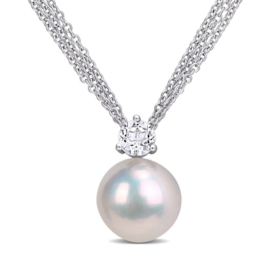 11.0-12.0mm Freshwater Cultured Pearl and 5.0mm White Topaz Triple Strand Pendant in Sterling Silver