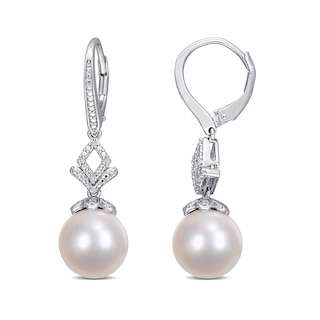 11.0-12.0mm Freshwater Cultured Pearl and 0.05 CT. T.W. Diamond Bead Drop Earrings in Sterling Silver