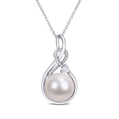 11.0-12.0mm Freshwater Cultured Pearl, Lab-Created White Sapphire and Diamond Accent Pendant in Sterling Silver