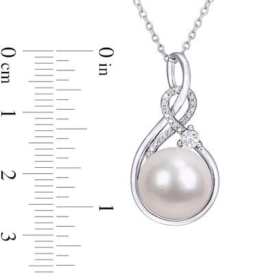 11.0-12.0mm Freshwater Cultured Pearl, Lab-Created White Sapphire and Diamond Accent Pendant in Sterling Silver