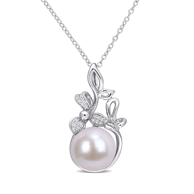 11.0-12.0mm Freshwater Cultured Pearl and 0.065 CT. T.W. Diamond Flower Pendant in Sterling Silver