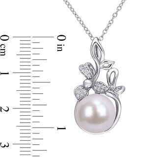 11.0-12.0mm Freshwater Cultured Pearl and 0.065 CT. T.W. Diamond Flower Pendant in Sterling Silver