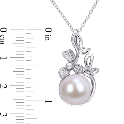 11.0-12.0mm Freshwater Cultured Pearl and 0.065 CT. T.W. Diamond Flower Pendant in Sterling Silver