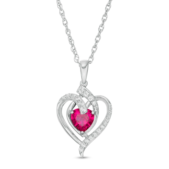 6.0mm Lab-Created Ruby and White Sapphire Ribbon Heart Pendant in Sterling Silver