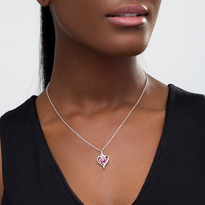 6.0mm Lab-Created Ruby and White Sapphire Ribbon Heart Pendant in Sterling Silver