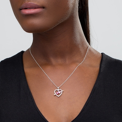 Lab-Created Ruby and Pink and White Sapphire Heart with Arrow Pendant in Sterling Silver and 14K Rose Gold Plate