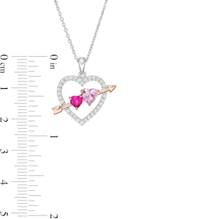 Lab-Created Ruby and Pink and White Sapphire Heart with Arrow Pendant in Sterling Silver and 14K Rose Gold Plate