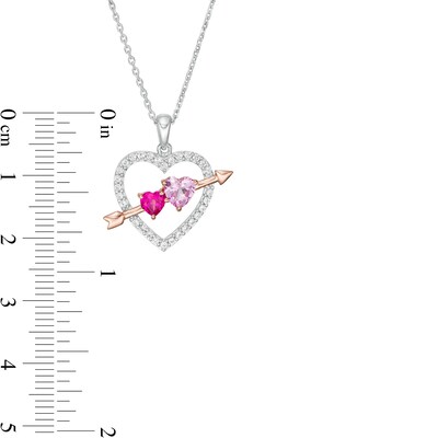 Lab-Created Ruby and Pink and White Sapphire Heart with Arrow Pendant in Sterling Silver and 14K Rose Gold Plate