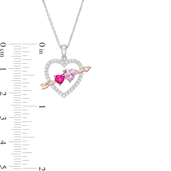 Lab-Created Ruby and Pink and White Sapphire Heart with Arrow Pendant in Sterling Silver and 14K Rose Gold Plate