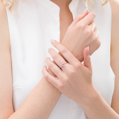 6.0mm Heart-Shaped Lab-Created Pink and White Sapphire Ring in Sterling Silver