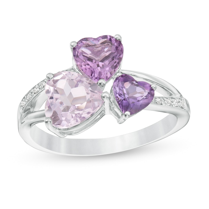 Multi-Colour Amethyst and Diamond Accent Heart Trio Split Shank Ring in Sterling Silver